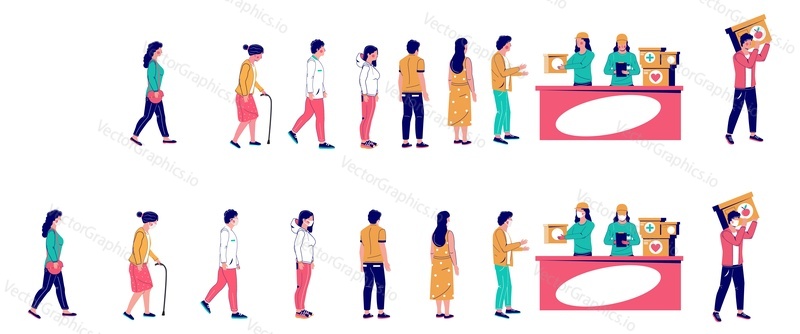People waiting in line for humanitarian aid, vector flat illustration. Refugee needy elderly standing right behind people in one line and keeping social distancing, wearing face masks in other queue.