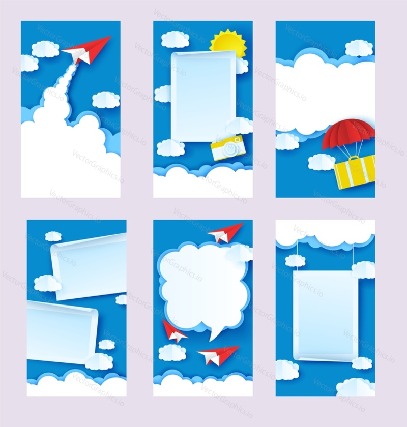 Summer travel social media stories, posts vector template with photo frames, paper planes flying in the sky, camera, suitcase. Creative paper cut vector art illustration for poster, banner, cover card
