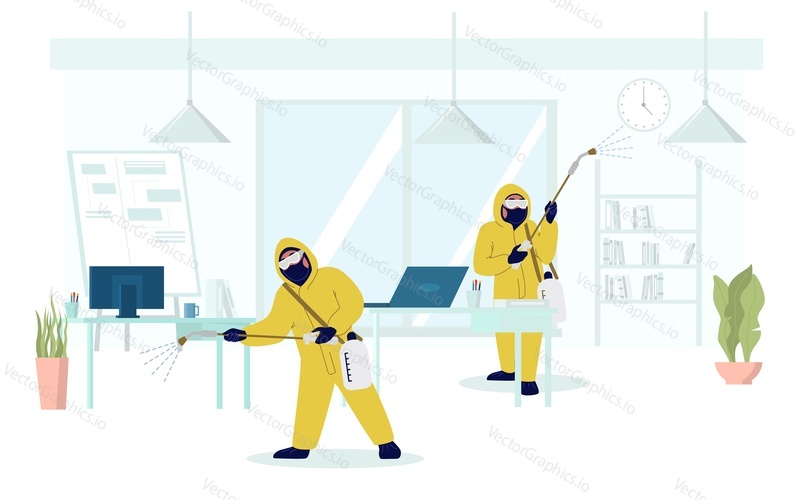 Люди в полных защитных костюмах проводят профилактическую дезинфекцию офиса, векторная плоская иллюстрация. Предотвращение распространения коронавирусной болезни COVID-19. Услуги по очистке и дезинфекции от коронавируса.