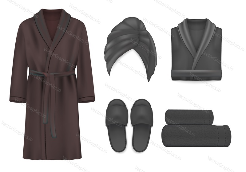 Black spa clothing mockup set, vector illustration isolated on white background. Terry towels, fluffy bathrobe and slippers. Realistic spa apparel and accessories.