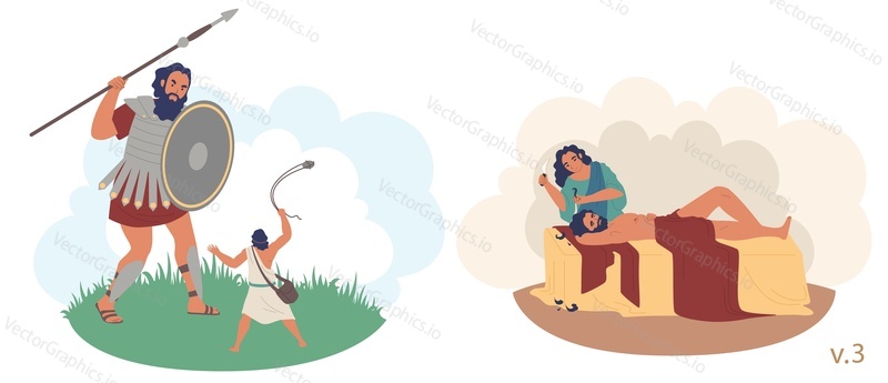 David and Goliath, Samson and Delilah Bible Stories characters, vector flat illustration. Battle between David and Goliath. Samson betrayed by lover Delilah cutting his hair while he was sleeping.