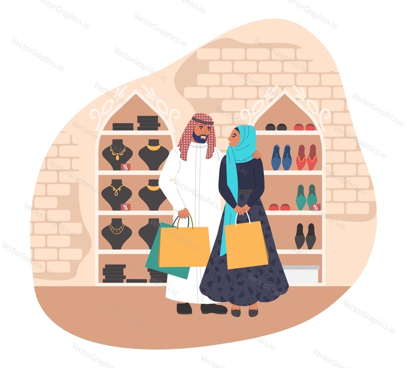 Happy muslim family couple shopping in women store, flat vector illustration. Arab man and woman wearing traditional arabic clothing with shopping bags in fashion boutique.