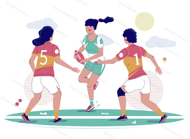 Dívky hrají rugby fotbal sportovní hra na poli, vektorové ploché ilustrace. Ženy rugby soutěž, mistrovství, tréninkový koncept pro plakát, banner atd.