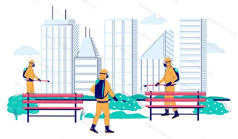 People in full hazmat suits disinfecting city park street due to coronavirus pandemic, vector flat illustration. Corona virus cleaning and disinfection services. Virus respiratory disease prevention.