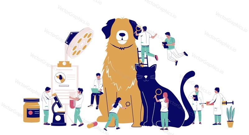 Veterinární klinika služby, vektorové ploché ilustrace. Obrovský pes a kočka, drobné postavy veterináři s injekční stříkačkou, mikroskopem, lupou. Veterinární prohlídka zvířat, ošetření zvířat, lékařská péče o zvířata.