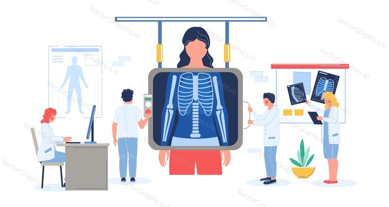 Fluorography exam of patient female in hospital flat vector illustration. Doctor, medical professional doing fluorography or chest xray screening. Roentgen photography, chest radiography, lungs health