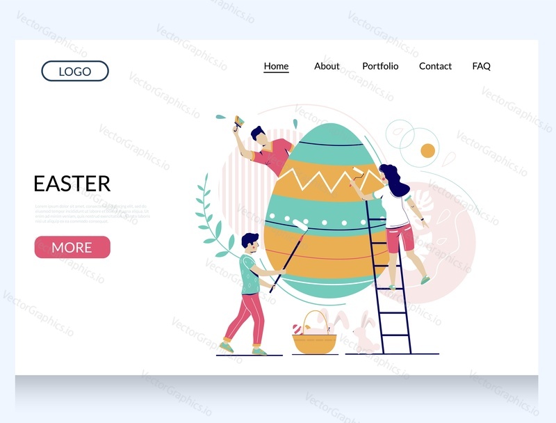 Easter vector website template, web page and landing page design for website and mobile site development. Micro male and female characters decorating huge Easter egg, preparing for holiday celebration