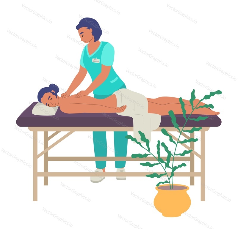 Rehabilitation center. Massage therapy, flat vector illustration. Female physiotherapist giving back massage to patient lying on the table. Rehabilitation and physiotherapy treatment of injured people