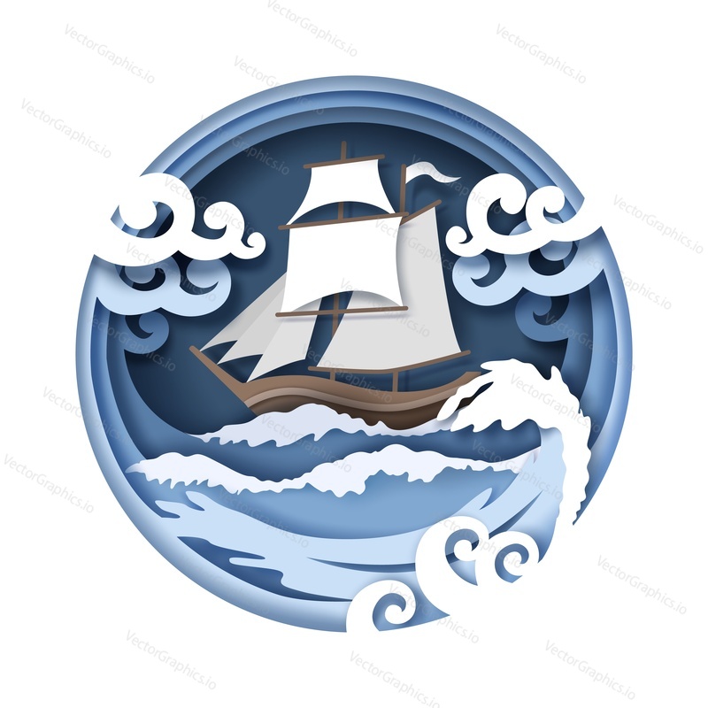 Sailing ship floating on sea water, vector illustration in paper art craft style. Beautiful marine composition with sailboat and stormy waves. Sea travel and adventure concept.