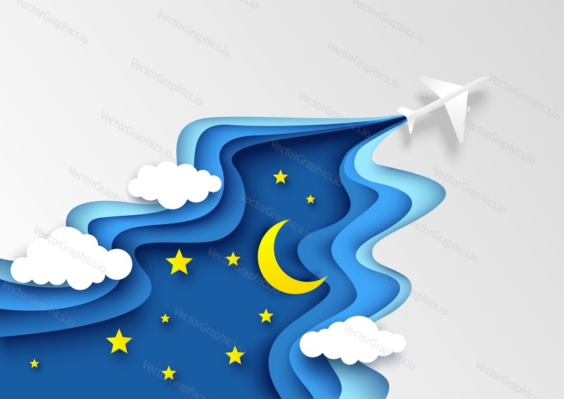 Vektorové vrstvený papír střih styl noční hvězdná obloha, nadýchané mraky, létající letadlo. World travel, Air flight, time to travel concept pro webový banner, webovou stránku atd.