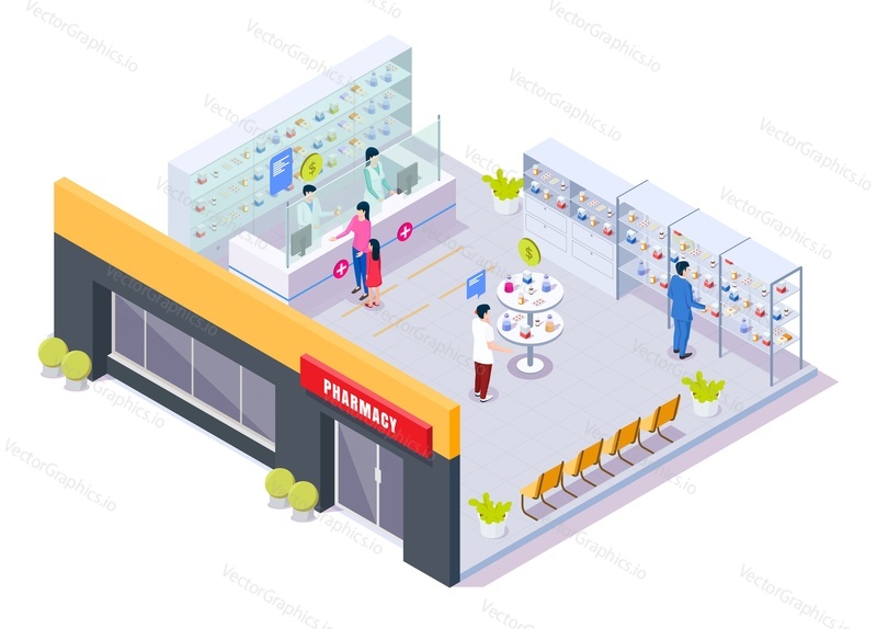 Lékárna obchod s znaky, izometrické výřez izolované vektorové ilustrace. Interiér budovy drogerie s farmaceutickými policemi, prodej lékárníků, pacienti nakupující léky na předpis, pilulky.