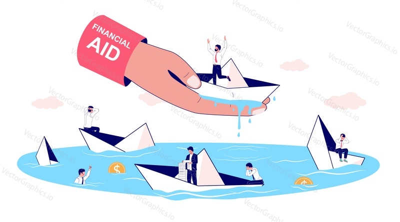 Finanční podpora pro business survival concept vector flat illustration. Lidská ruka zachraňuje podnikatele sedícího v papírové lodi před utopením. Finanční pomoc, obchodní bankrot.