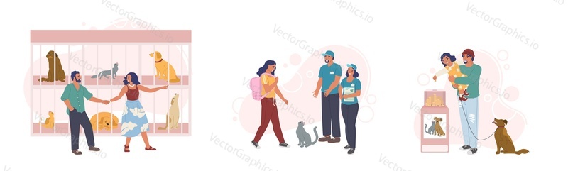 Animal shelter set, vector flat illustration. Happy couple visiting pet shelter with dogs and cats in cage. Girl adopting cute kitty, father with son donating money to save and support stray animals.