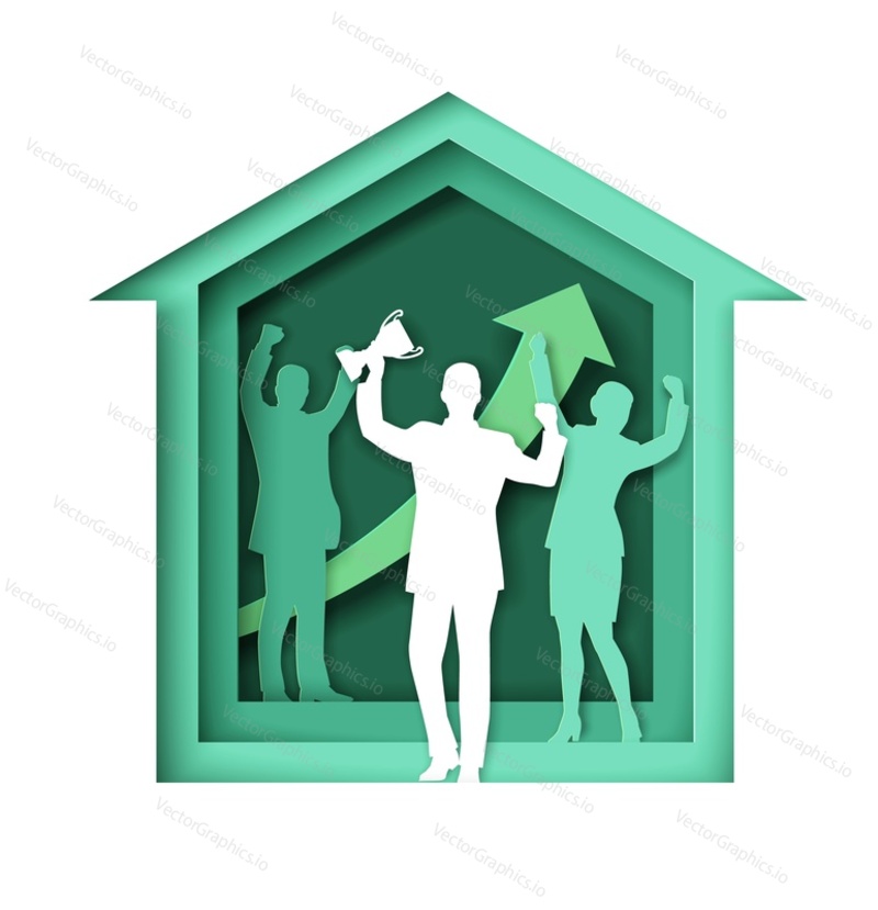 House building with realtors silhouettes. Real estate professionals team celebrating victory, vector illustration in paper art style. Real estate agent success, achievements, career growth, leadership