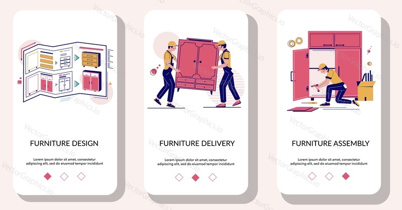 Nábytek design, dodávka a montáž mobilní aplikace onboarding obrazovky. Menu banner vektorová šablona pro vývoj webových stránek a aplikací. Návrh, měření, dodávka domů, instalace služeb.