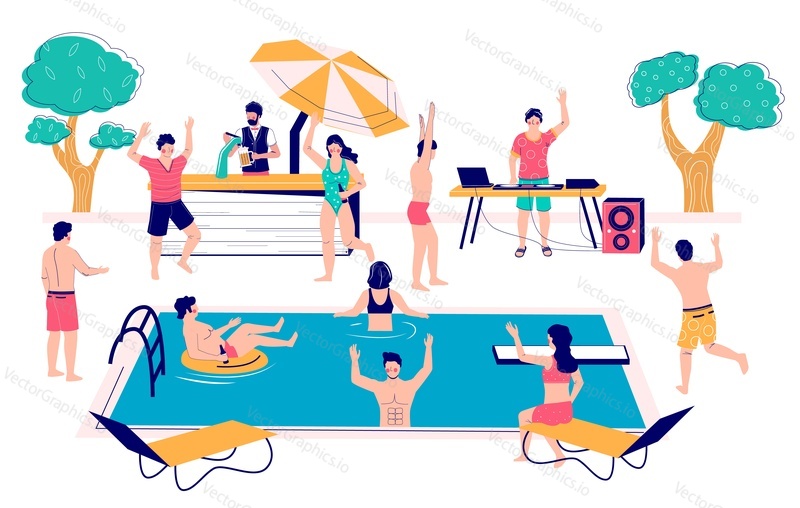 Swimming pool party vector concept flat style design illustration. Happy people swimming in pool, floating in rubber ring, dancing, drinking beer and having fun. Summer vacation in hotel resort.
