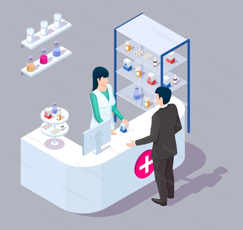 Doctor pharmacist and customer in pharmacy shop, isometric vector illustration. Drugstore interior with counter, pharmacy medical store shelves pharmaceutical racks full of drugs.