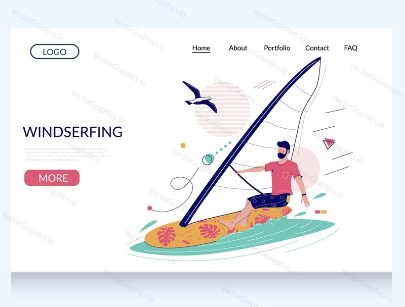 Windsurfing vector website template, web page and landing page design for website and mobile site development. Man riding windsurfing board with sail. Extreme water sport. Summer beach activities.
