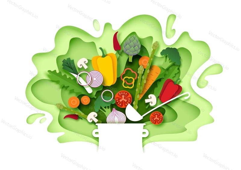 Čerstvá zelenina padající do hrnce. Vektorové vrstvený papír střih styl ilustrace. Vaření jídla. Zdravé jídlo. Přírodní biopotraviny pro menu plakát banner šablony.