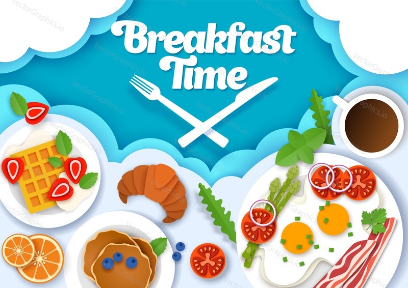Snídaně čas plakát banner šablona. Vektorové vrstvený papír střih styl pohled shora ilustrace. Kávové palačinky vafle croissant, smažená vejce s rajčaty slaninou. Čerstvé chutné snídaňové pokrmy pro menu