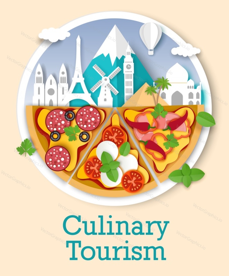 Culinary tourism vector poster, banner template. Paper cut style different types of pizza slices and world famous landmarks composition. Gastronomic tour. World cuisine. Culinary travel tours.