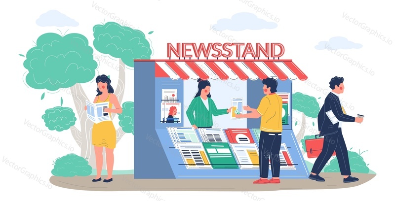 Street newsstand with saleswoman selling newspapers and magazines, man buying and woman reading fresh news, press or journal, vector flat illustration. Newspaper stand kiosk concept.
