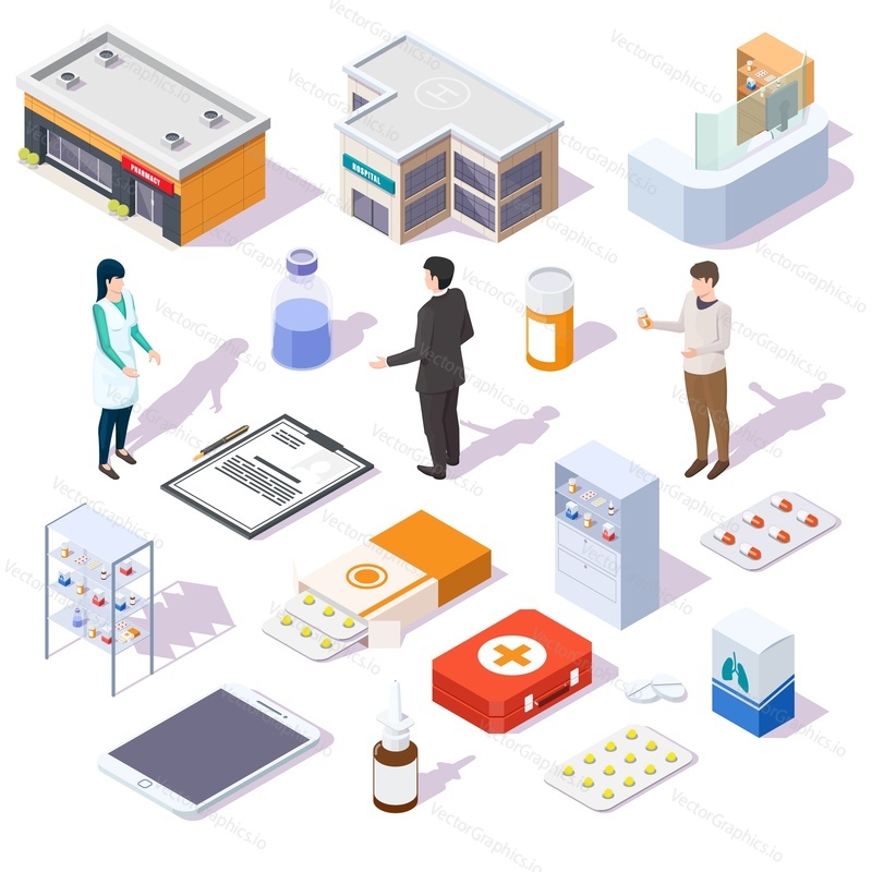 Drugstore icon set, vector flat illustration. Isometric pharmacy store building, counter, staff, customers, medicine bottles, pills, capsules, first aid kit, smartphone. Online pharmacy and drugstore.