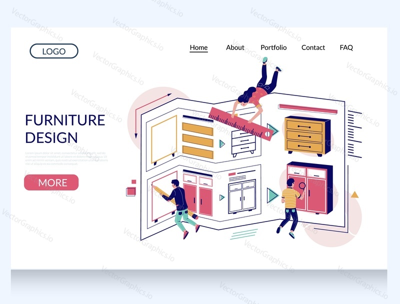 Design nábytku vektorové webové stránky šablony, webové stránky a vstupní stránky design pro webové stránky a vývoj mobilních stránek. Profesionální návrháři nábytku, kteří kreslí skříně pomocí tužky a pravítka.
