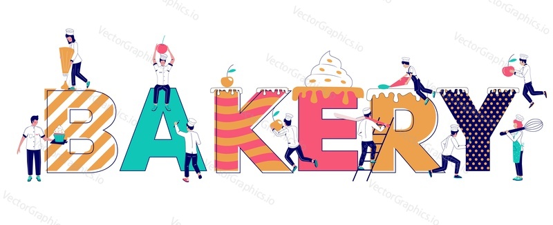 Bakery typography banner template, vector flat illustration. Baker, pastry cook male and female characters in chef uniform cooking decorating cakes, desserts. Confectionery, cake shop, bakery services