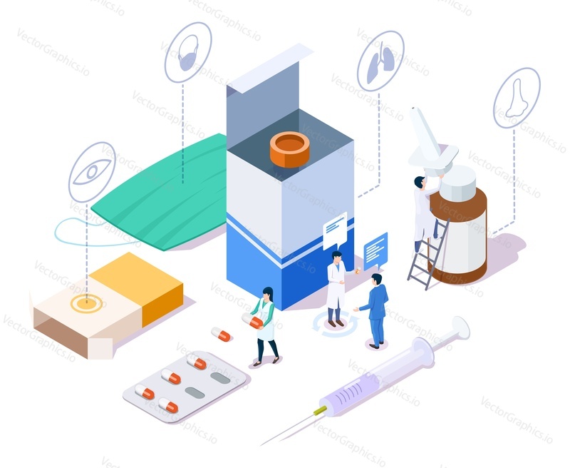 Koncept lékárny s postavami a různými druhy léků, zdravotnický materiál, vektorové ilustrace. 3D izometrické léky pilulky a lahve, obličejová maska, injekční stříkačka. Drogerie, obchod s lékařskou klinikou.