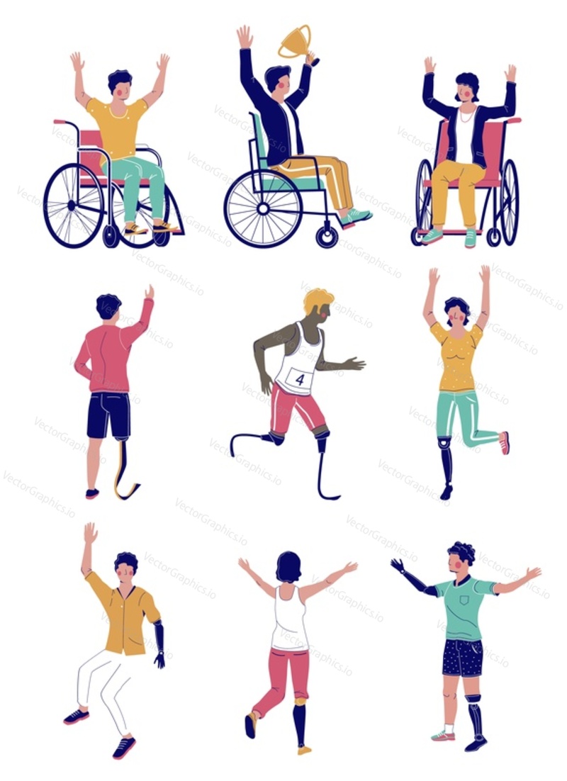 Active disabled people, vector flat isolated illustration. Male and female characters doing sports using wheelchair, runner blades, arm and leg prosthesis. Happy winners disabled paralympic athletes.