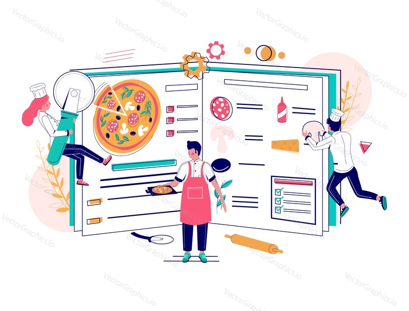 Italská pizza recept kniha s postavami kuchaři dělat a řezání pizzu na plátky, vektorové ploché ilustrace. Kurz vaření, restaurace rychlého občerstvení, složení kavárny pro webový banner, webovou stránku atd.