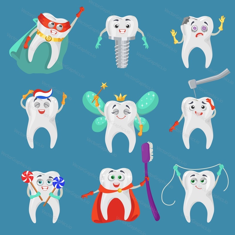 Legrační zub kreslená postavička sada, ploché vektorové izolované ilustrace. Šťastné zdravé a smutné nezdravé zuby s lidskými tvářemi. Zubní maskot, emoji, úsměv, emotikon super hrdiny. Dětská stomatologie.