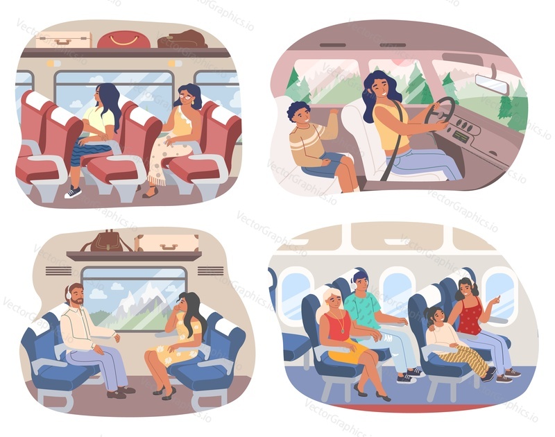 Traveling passengers inside of train, bus, plane and car, vector flat isolated illustration. Male and female characters traveling using various transport means. Road and flight trip.