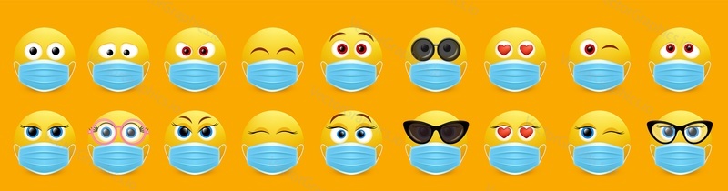 Face mask emoji set, vector isolated illustration. Yellow smile wearing medical mask for social media chat. Cute emoticon characters for electronic comunication. Corona virus disease COVID-19 concept