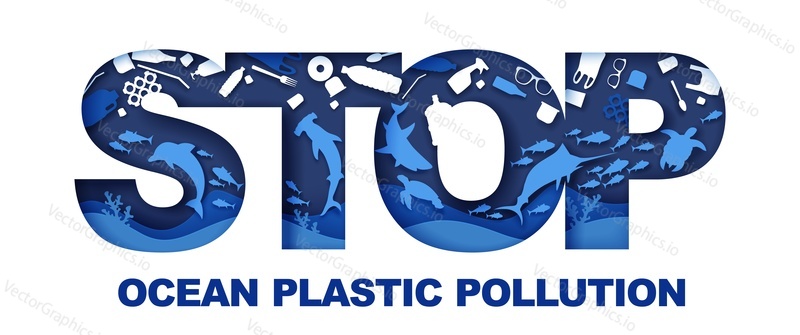 Stop ocean plastic pollution typography banner template, vector illustration. Paper cut style underwater world, marine animals, plastic trash inside the letters. Ocean environmental problem, ecology.