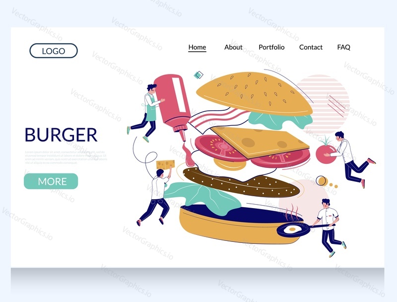 Burger vector website template, web page and landing page design for website and mobile site development. Micro characters chefs cooking big burger bun with meat patty, egg, tomatoes, lettuce, cheese.