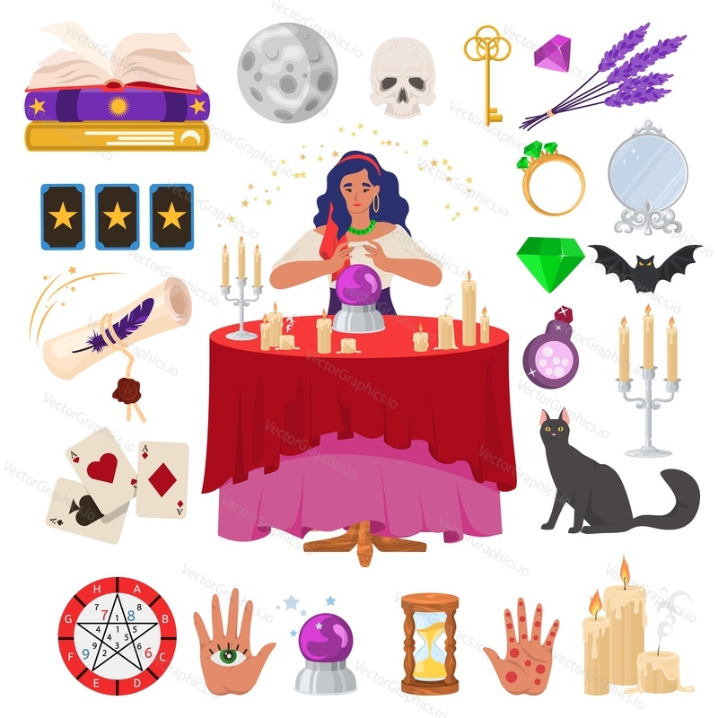 Cikánská kartářka s kouzelnou křišťálovou koulí, svíčky na stole, ploché vektorové ilustrace. Astrologie, mystické fortuneteller příslušenství. Tarotové karty, kniha kouzel, lektvar. Okultismus, Věštění z ruky, esoterika