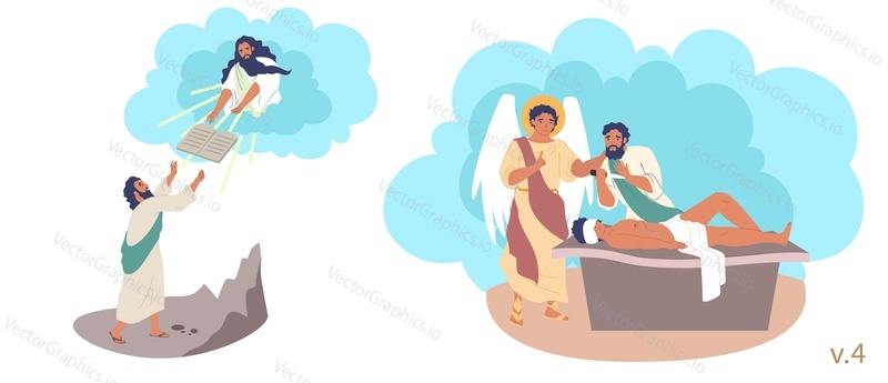 Moses, Abraham and Isaac Bible Stories characters, vector flat illustration. God giving Moses 10 Commandments on top of mount Sinai. Abraham going to kill his son to sacrifice him to God.