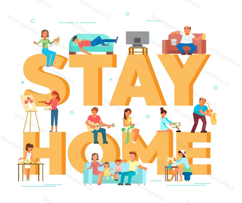 Stay home concept typografie banner, vektorové ploché ilustrace. Lidé zabývající se koníčky, kteří dodržují pravidla karantény viru corona, aby zůstali zdraví, zabránili šíření nemoci COVID-19. Domácí izolace.