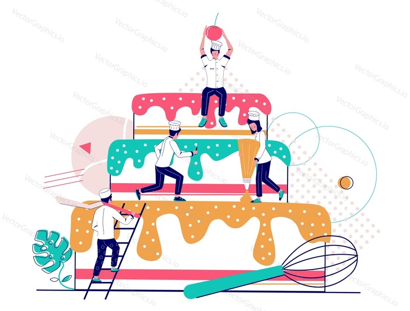 Micro characters glazing, decorating big cake with berries, vector flat illustration. Dessert for wedding birthday etc. Bakery, confectionery, cake making services concept for web banner, website page