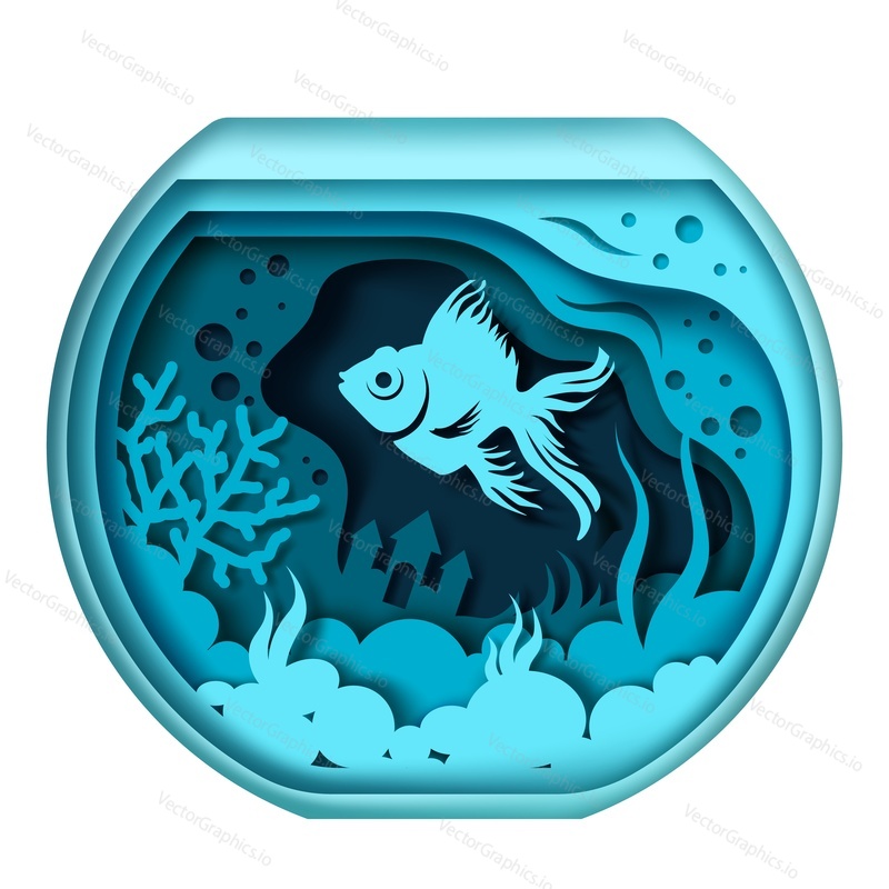 Vector layered paper cut style glass aquarium with underwater plants, exotic fish and stones. Home fishbowl with beautiful marine pet fish in paper art craft style.