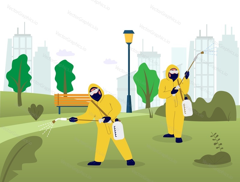 Professional pest control and disinfection service, vector flat illustration. People in chemical suits spraying city park area to exterminate rats, mice, other pests and reduce risk of disease spread.