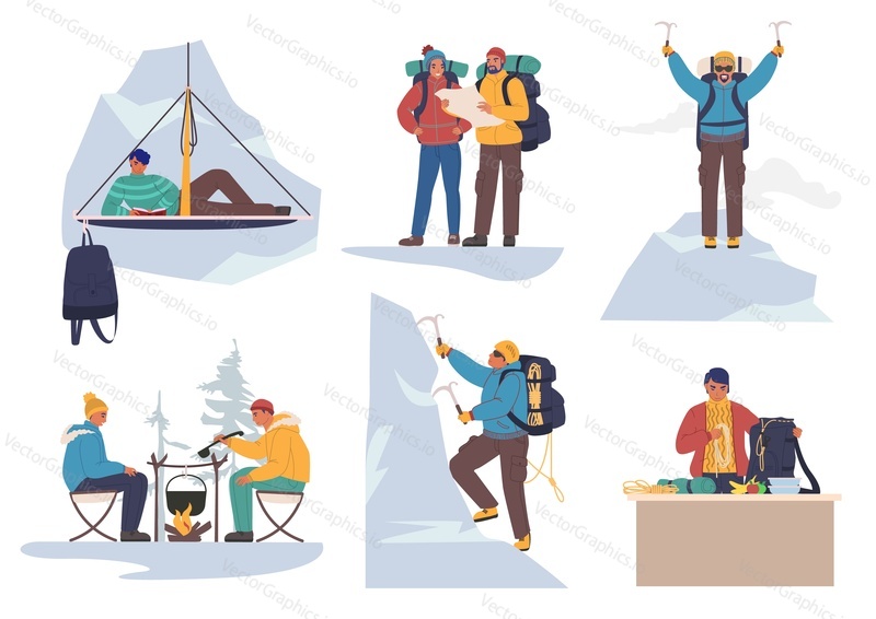 Mountain climber cartoon character set, flat vector illustration. People climbing rock wall, sitting near campfire, taking rest. Mountain climbing, extreme sport, outdoor adventure, mountaineering.