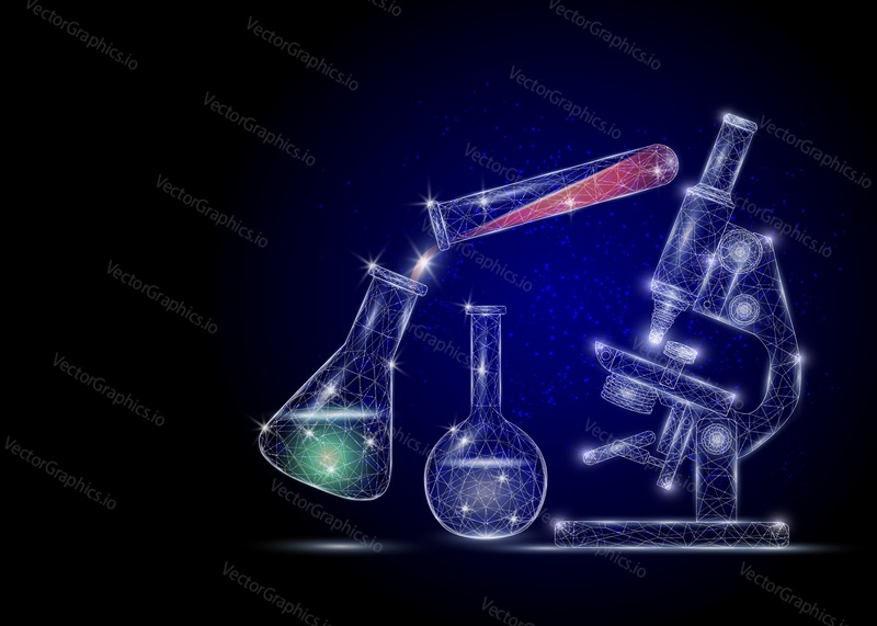 Chemie nebo biologie věda, vektor plakát banner šablony. Laboratorní vybavení, nízké poly drátěné pletivo. Mikroskop, zkumavka, baňky. Laboratorní výzkum koncept polygonální umění styl ilustrace.