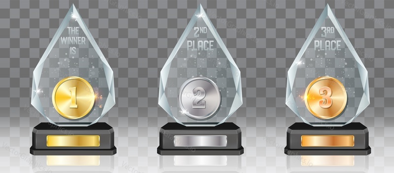 Acrylic glass trophy award mockup set, vector illustration isolated on transparent background. Realistic prize plaque on pedestal with gold, silver and bronze medal.