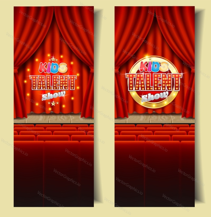 Kids talent show vertical banner vector template set. Empty theatrical stage with Kids talent show sign on red velvet curtain, seats for audience. Children tv talent contest, competition.