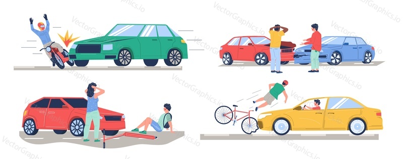 Road traffic accident set, vector flat isolated illustration. Car collision with bike, motorbike, pedestrian, another car. Auto accident, motor vehicle crash, injured cyclist, motorcyclist characters.