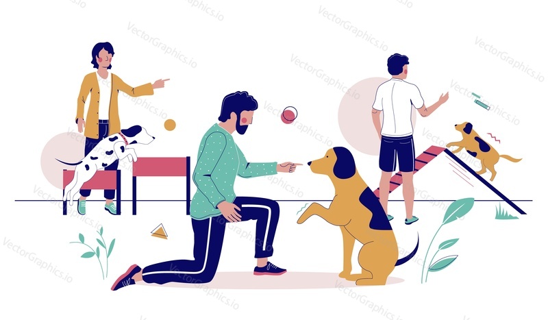 Lidé hrají hry se psími mazlíčky, trénují je na hřišti, vektorové ploché ilustrace. Trenéři, majitelé domácích zvířat učí svá štěňata základním povelům v městském parku pomocí vybavení pro psí hry.