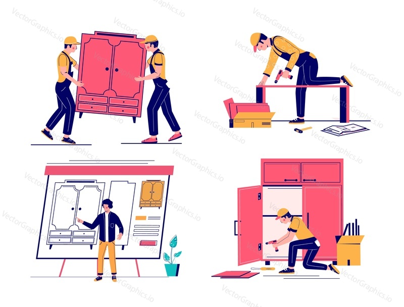 Furniture designer, deliveryman, carpenter, installer, collector cartoon character set, vector flat illustration isolated on white background. Furniture design, delivery, assembly services.